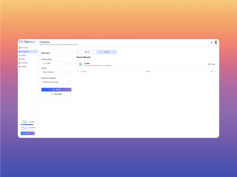 A screenshot of the application's discovery feature, showing search filters and company results.