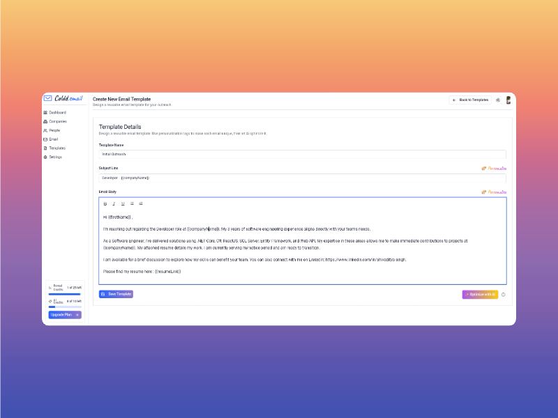 A screenshot of the email template editor, with personalization tags and formatting options.
